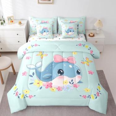 Imagem de Erosebridal Jogo de cama casal com estampa de baleia e laço, 7 peças, animal, marinho, floral, princesa, kawaii, verde, azul, rosa, leve