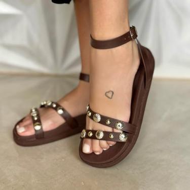 Imagem de Sandalia Feminina Papete Rasteira Flatform Spike Tacha Enfeite Aplique Metal Confortavel (Café, BR, Adulto, Numérico, 34)