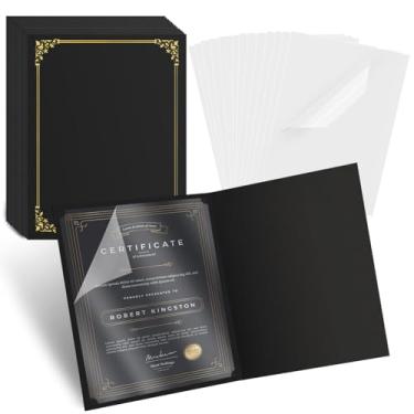 Imagem de 15 porta-certificados 21 x 27 cm adicionais 15 peças de filme plástico, capas de diploma com borda dourada para cartolina tamanho carta 21 x 28 cm, certificados, documentos (preto, 15 conjuntos)