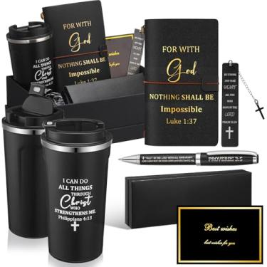 Imagem de Widecook Conjunto de 6 peças de presente cristão para homens, copo de aço inoxidável, de 500 ml, caderno religioso de metal, marcador de livro, caneta bíblica com caixa e 1 cartão de felicitações para