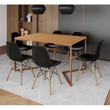 Imagem de Mesa Jantar Industrial Retangular Canela 137x90cm Base V Cobre com 6 Cadeiras Eames Eiffel Pretas Ma