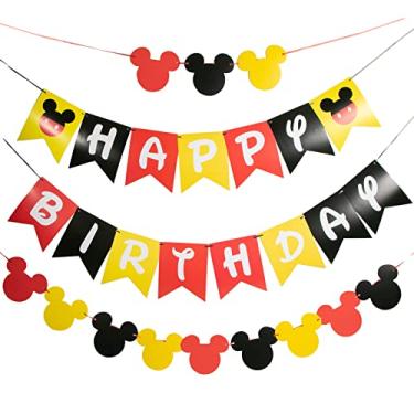Imagem de Banner colorido de feliz aniversário CHuangQi com elástico estilo Mickey, tema do Mickey, artigos de festa de aniversário