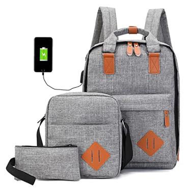 Imagem de Mochila casual para laptop 3 peças masculina nylon universitário bolsas de computador carregamento USB mochila de viagem multiuso para caminhadas ao ar livre, cinza, 38 x 27 cm