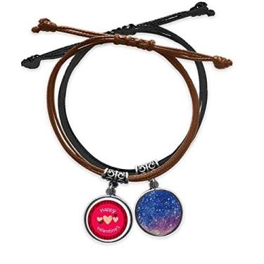 Imagem de DIYthinker Pulseira rosa feliz dia dos namorados coração flecha corrente de mão pulseira de couro céu estrelado