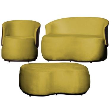 Imagem de Kit 1 Poltrona 1 Namoradeira e 1 Puff Grande Design Orgânico Beatriz Veludo Composê Corino Marrom - Estopar