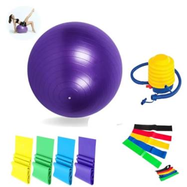 Imagem de Kit Bola De Pilates 65cm Com Bomba, Kit 5 Faixas Mini Band e 4 Faixas Yoga Ginástica e Fisioterapia, Anti-Estouro Suporta Até 200kg Látex Durável e Fácil de Lavar Cor Roxa