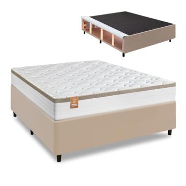 Imagem de Cama Box Baú Lateral Queen Colchão com Molas Ensacadas Real 158x198x71cm Branco/Bege