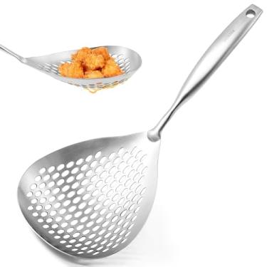 Imagem de Escumadeira escumadeira, escorredor de aço inoxidável de 38 cm, concha de escumadeira, colher de coador de macarrão com cabo longo e furos para pendurar na cozinha, cozinhar, fritar, drenar