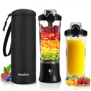 Imagem de Liquidificador portátil NexaEase 600ml preto com capa térmica recarregável USB-C para shakes e smoothies