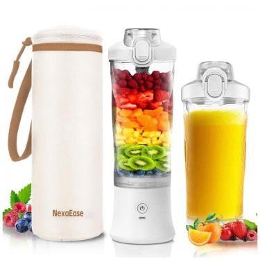 Imagem de Liquidificador portátil pessoal NexaEase branco com estojo bege, 600 ml, 150W, 6 lâminas, USB-C recarregável, 110V