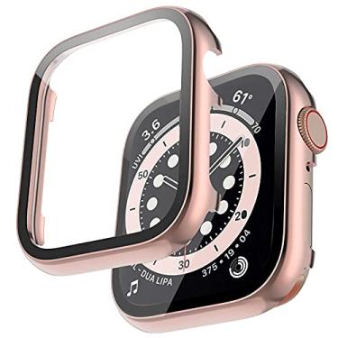 Imagem de Miimall Capas de metal compatíveis com Apple Watch 40 mm com protetor de tela, capa de alumínio brilhante protetor de tela de vidro temperado HD capa amortecedora para Apple Watch 40 mm Series SE 6 5 4 (rosa)