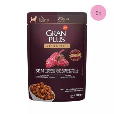 Imagem de KIT 5 Ração Úmida Gran Plus Gourmet Cães Adultos Ovelha Sachê 100g