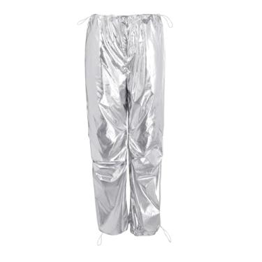 Imagem de Calça casual feminina com cordão solta perna larga calça cargo com bolsos calça comprida macacão feminino casual, Prata, P