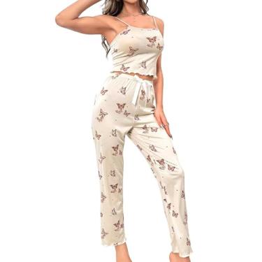 Imagem de XYKrissas Conjunto de pijama feminino sexy com babados, calça comprida, estampa de borboleta, conjunto de pijama macio., Bege, GG