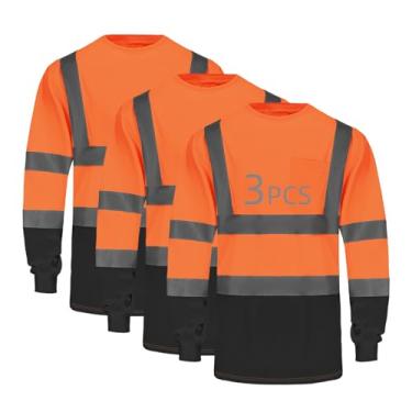 Imagem de wefeyuv Camiseta de segurança manga comprida refletiva de alta visibilidade respirável para construção de armazém de trabalho classe 3, Laranja/preto, M
