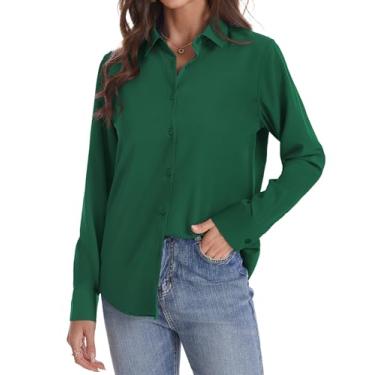 Imagem de J.VER Camisa feminina de botão manga longa sem rugas leve de chiffon sólido blusa de trabalho, Verde escuro, M