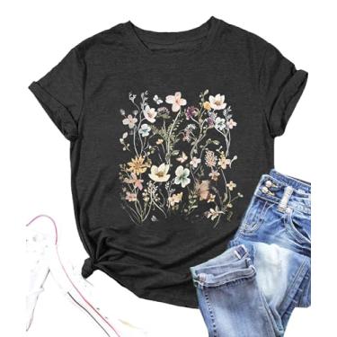 Imagem de YLISA Camiseta feminina vintage com flores boêmias, floral, botânica, casual, estampa de flores silvestres, Preto 4, GG
