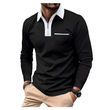 Imagem de Camisa polo masculina meio zíper cintura elástica golfe bolso frontal cor combinando pulôver, Preto, 3G