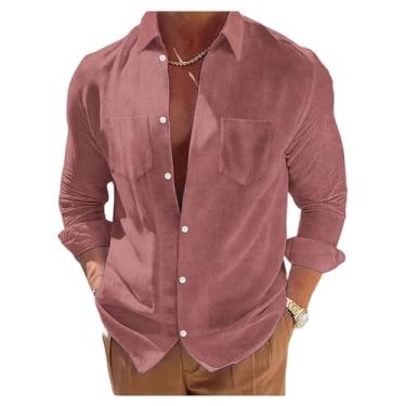Imagem de Camisas casuais masculinas de veludo cotelê manga comprida com bolso abotoado lapela gola camisetas de negócios, Vinho tinto, G