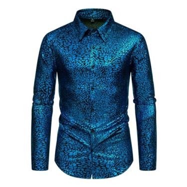 Imagem de Camisa masculina casual estampa leopardo bronzeamento slim fit mangas compridas cor combinando botões, Azul, P