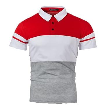 Imagem de Camisa polo masculina casual de manga curta com estampa de cinto de patchwork de duas cores, Vermelho, 3G