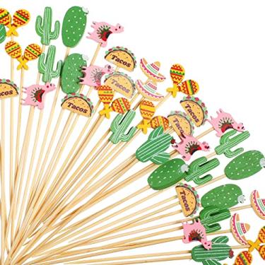 Imagem de Mexican Fiesta Palito de Dente para Coquetel Tropical Sortido Lhama Cacto Mexicano Chapéu de Bambu Artesanal para Festa Mexicana Cinco De Mayo Carnivals Festivals Taco Beach Holiday Supplies (100)