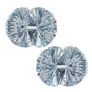 Imagem de heyesaki Pompons de Cheerleading Pacote com 2 Pompons de Cheer com alça de batom, 35 cm de folha metálica para líderes de torcida para crianças, adultos, equipe de torcida, espírito - prata
