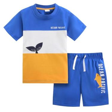 Imagem de Bumeex Conjunto de camiseta cargo de algodão e manga curta para meninos, Azul/laranja, 2T