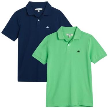 Imagem de AEROPOSTALE Camisa polo para meninos – Pacote com 2 unidades, modelagem clássica, manga curta, piquê, camisa de golfe elástica confortável para meninos (8-16), Azul marinho/verde, 10-12