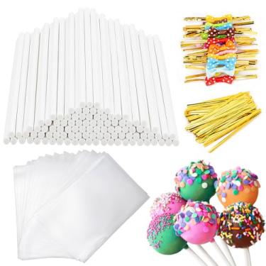 Imagem de Kit de 320 peças para bolos, palitos de pirulito, sacos de bolo com laço metálico de gravatas, perfeito para fazer pirulitos, doces, chocolates e biscoitos – ótimo para festas