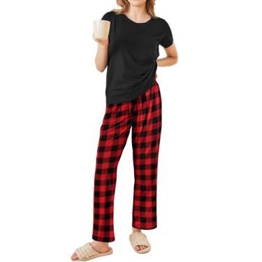 Imagem de Ekouaer Conjunto de pijama feminino, 2 peças, macio, manga curta, pijama feminino, Xadrez preto e vermelho, GG