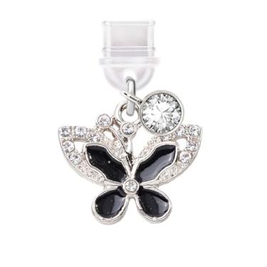 Imagem de ELISE & FONDA TP344 Tipo-C porta de carregamento USB plugue antipoeira pequeno pingente de celular borboleta de cristal para iPhone 15 e Samsung/OnePlus/Xiaomi/oppo telefones Android (preto),