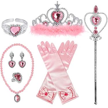 Imagem de BIBUTY Acessórios de vestido de princesa, luvas de princesa, conjunto de 7 peças para meninas com coroa de princesa, varinha, luvas, colar, brincos, pulseira e anel, brinquedos de fantasia para