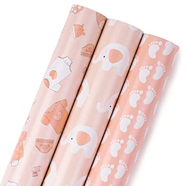 Imagem de MAYPLUSS Rolo de Papel de Embrulho Rosa - 17" X 120" por Rolo - Adorável Elefante Feminino, Roupas, Pegada, Papel de Embrulho de Presente de Aniversário com Tema de Pegada para Chá de Bebê, Nova Festa