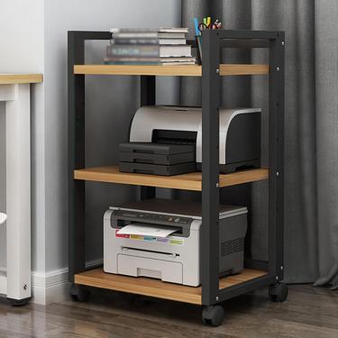 Imagem de Rack de áudio de madeira e aço, suporte de mídia de torre AV ajustável de 3/4 camadas com rodas, prateleira independente de equipamentos eletrônicos para DVD players, caixa de TV e decodific