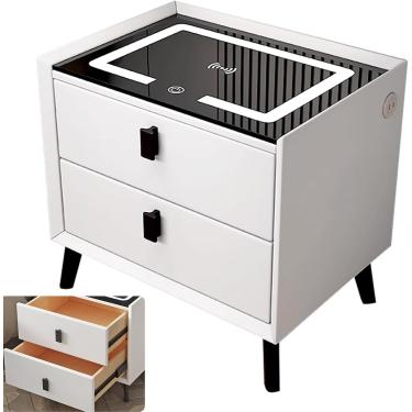 Imagem de Mesa de cabeceira inteligente, mesa de cabeceira moderna com 2 gavetas, com luzes LED ajustáveis, portas USB, estação de carregamento sem fio, laranja, 50 cm/19,7 pol.