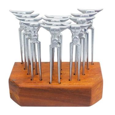 Imagem de Kit 12 Garfos Petisco para Churrasco + Suporte em Madeira Rústico - IT