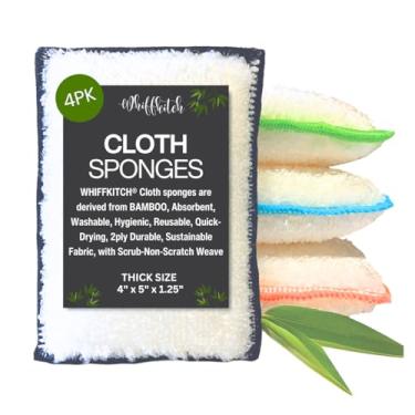 Imagem de Esponjas de bambu Whiff, esponjas de cozinha duráveis laváveis e sem odor para pratos, absorventes para uso doméstico de longa duração, reutilizáveis, multitarefas, pacote com 4