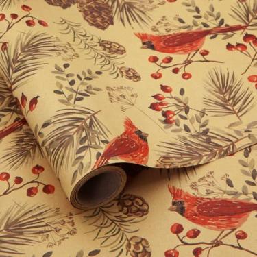 Imagem de Papel de embrulho de Natal marrom Kraft de pássaros cardeais da floresta com bagas da floresta de inverno - 1 mini rolo 43 x 3 m por rolo 14 m² - Embrulho de presente para solstício de inverno,