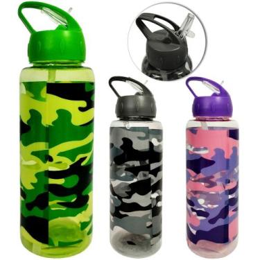 Imagem de Garrafa squeeze de plastico pet camuflada com canudo + tampa flip top 