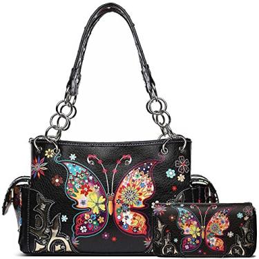 Imagem de WESTERN ORIGIN Feminino Estilo Ocidental Primavera Borboleta Flor Bolsa País Bolsa Strass Parafuso Prisioneiro Bolsa de Ombro Conjunto Carteira (Conjunto Preto)