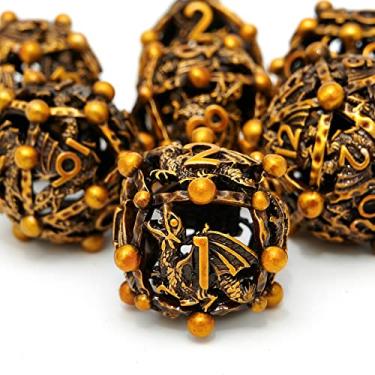 Imagem de Metal DND Dice Set with Box 7pcs Hollow D&D Dice,Copper Polyhedral Dungeons and Dragons Dice Set Steampunk Polyhedral Dice Games Set for RPG,MTG,Pathfinder,D and D Dice Set (Round Dragon Ancient Gold)