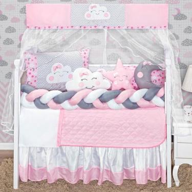 Imagem de Kit enxoval de berço 12 peças nuvem estampada com trança e lateral  - 