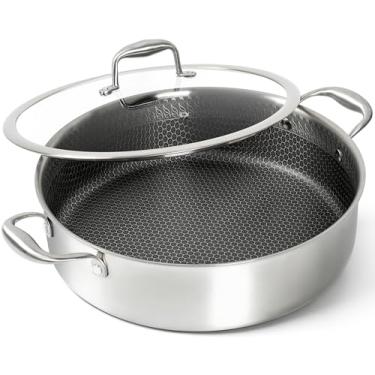 Imagem de MICHELANGELO Frigideira de aço inoxidável de três camadas, 6 quartos, frigideira profunda com tampa, frigideira grande 18/10 com interior de favo de mel antiaderente, compatível com indução e seguro