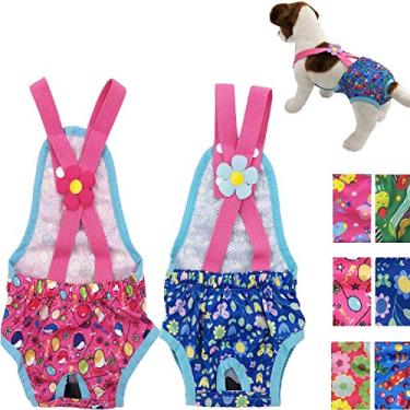 Imagem de Pacote com 2 fraldas femininas para cães, calcinha sanitária, lavável e reutilizável com suspensórios, para animais de estimação pequenos (P: Cintura 35,5 - 40,6 cm, Celebração rosa e flores azuis)