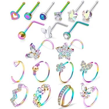 Imagem de Oicctyzio Anéis de nariz de 20 g para mulheres, aço inoxidável cirúrgico, em forma de L, parafusos, anéis de nariz reto, piercing de narina, joias hipoalergênicas, Metal, Zircônia cúbica