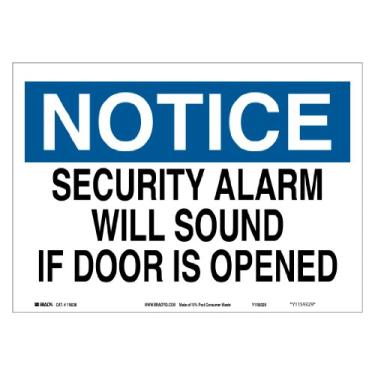 Imagem de Brady 116201 25,4 cm Largura x 17,8 cm Altura B-563 Plástico, Azul e Preto sobre Branco Cor Sinal de Segurança Sustentável, Legenda "Aviso de Alarme de Segurança Soará Se a Porta for Aberta"