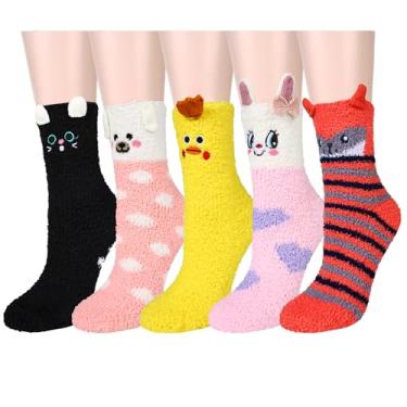 Imagem de Benefeet Sox Meias fofas de animais felpudas, para mulheres, meninas, engraçadas, 3D, animais, aconchegantes, macias, macias, macias, Pacote com 5 - gato preto urso rosa amarelo pintinho rosa coelho