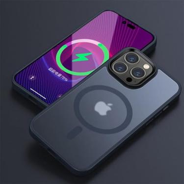 Imagem de Capa de carregamento sem fio magnética fosca de luxo para iPhone 11 12 13 14 15 Pro Max Plus, capa rígida de PC à prova de choque, N azul, para iPhone 14 Plus