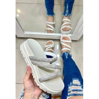 Imagem de Papete  Rasteira 3 Tiras Brilho Elegante Feminina - brazilinas, Off wh